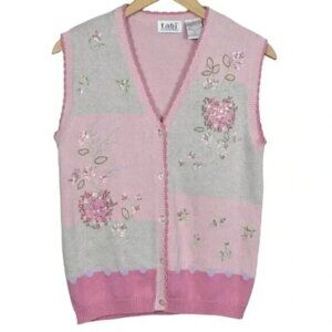 Vintage Tabi Pink Sweater Vest Floral Grannycore Embellished Embroidered Small